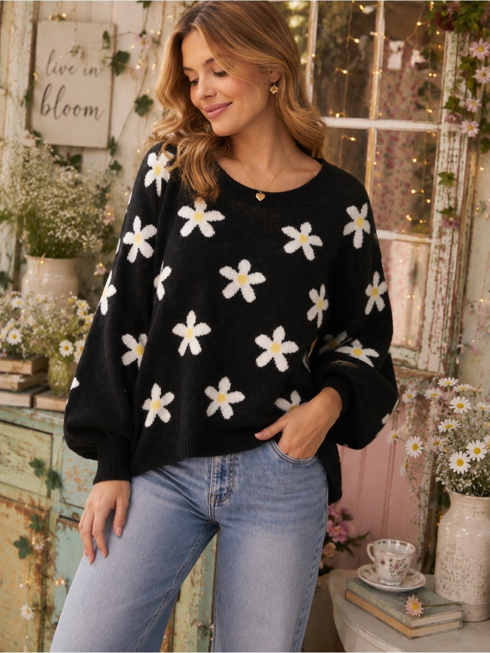 Altar’d State Black Daisy Print Oversized Cozy Knit Sweater Medium